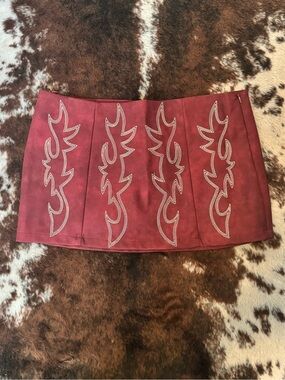 Small Dark Red Faux Leather Western Embroidered Mini Skirt